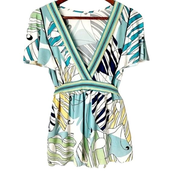 BCBGMAXAZRIA Abstract Art Deco Butterfly Blouse Striped Belted Peplum Top Sz M - Picture 8 of 15